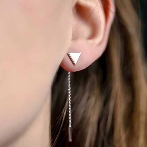 Silver Triangle Studs w/Tassel Earring Jackets - Picture 2 of 7